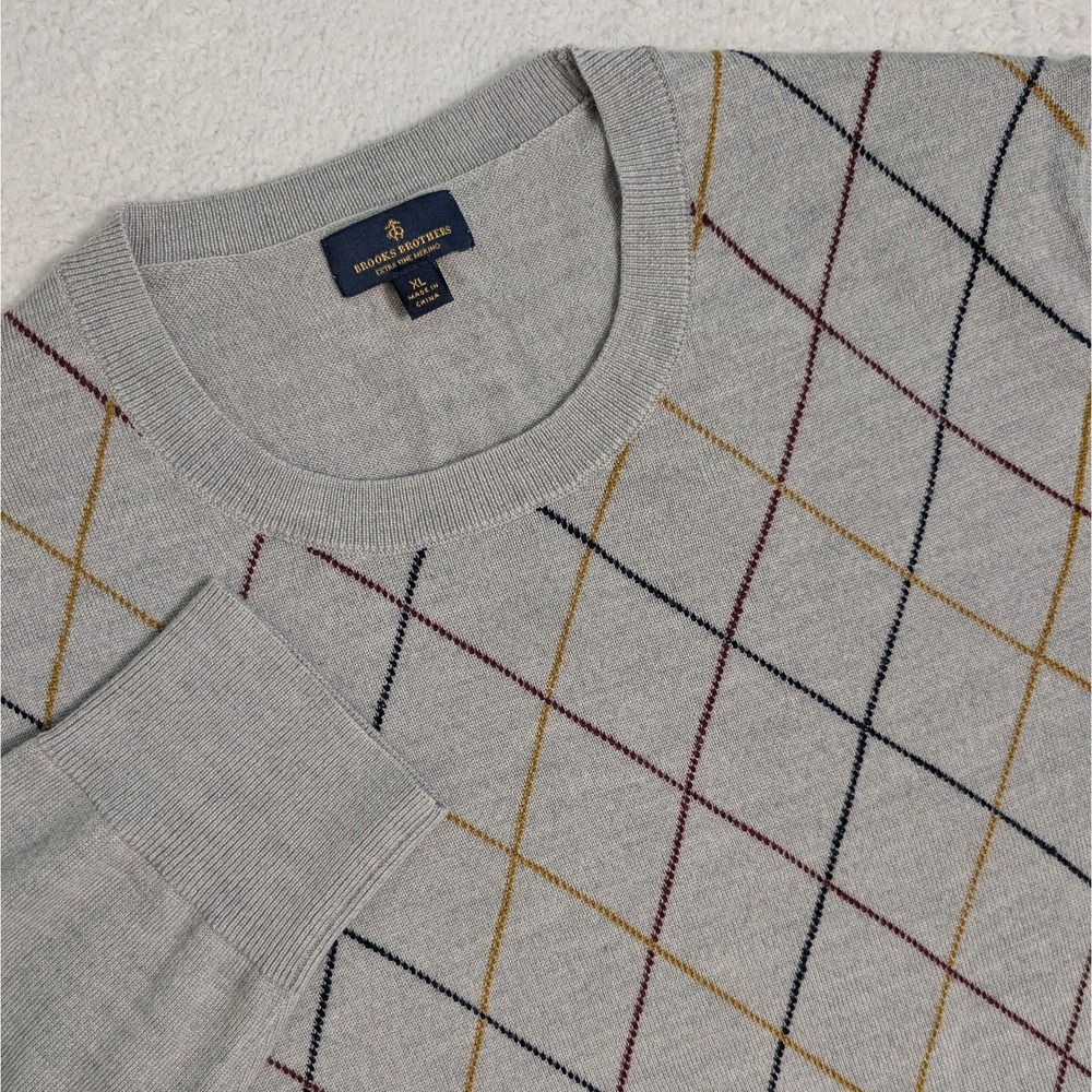 NEW Brooks Brothers Sweater Mens XL Gray Argyle Diamond Extra Fine Merino Wool